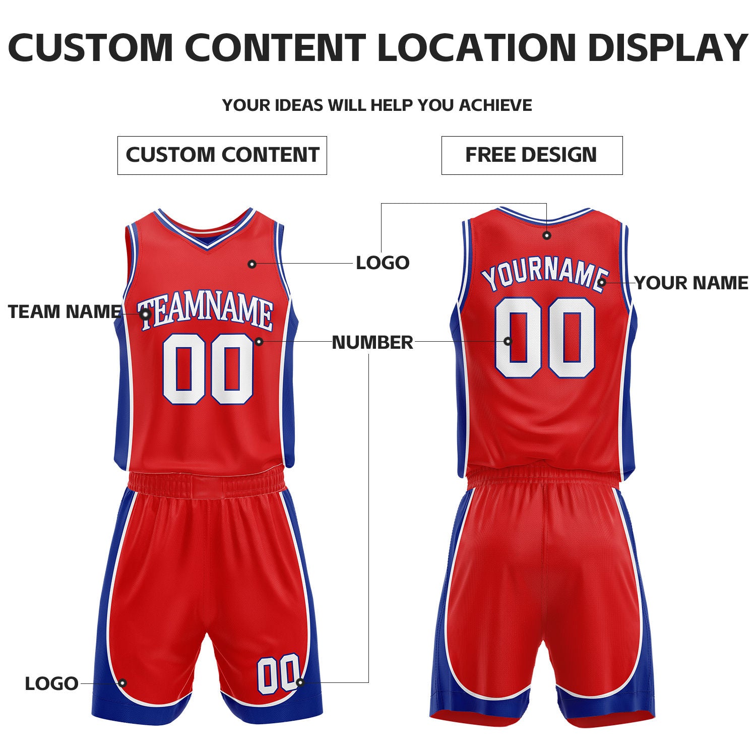 Custom Red & Blue Reversible Basketball Uniform Set | Personalized Name Number Sports Jersey Shorts Kit