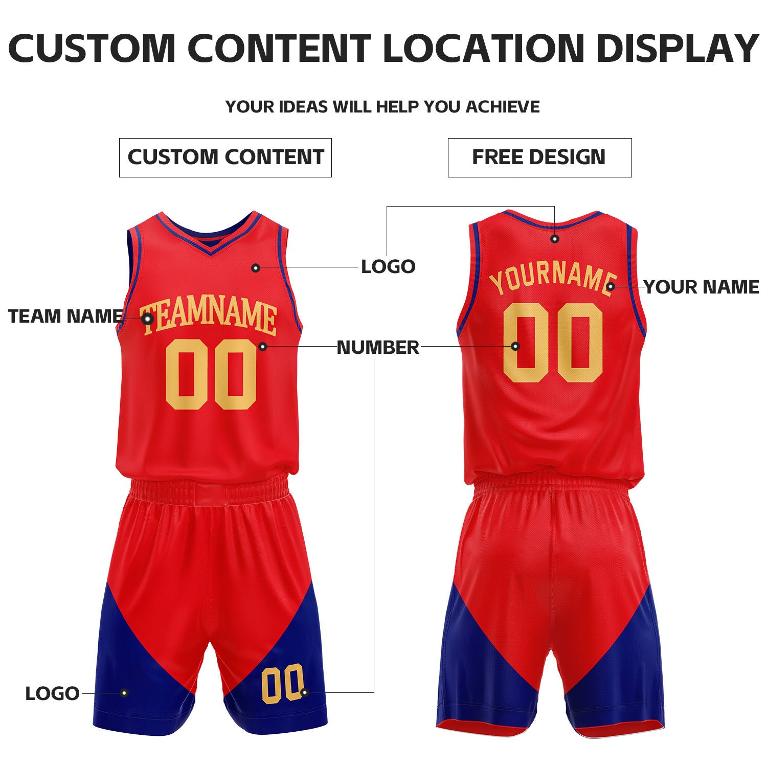 Custom Red & Blue Reversible Basketball Uniform Set | Personalized Name Number Sports Jersey Shorts Kit