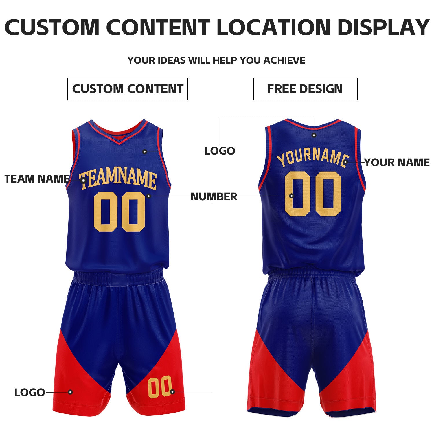 Custom Red & Blue Reversible Basketball Uniform Set | Personalized Name Number Sports Jersey Shorts Kit