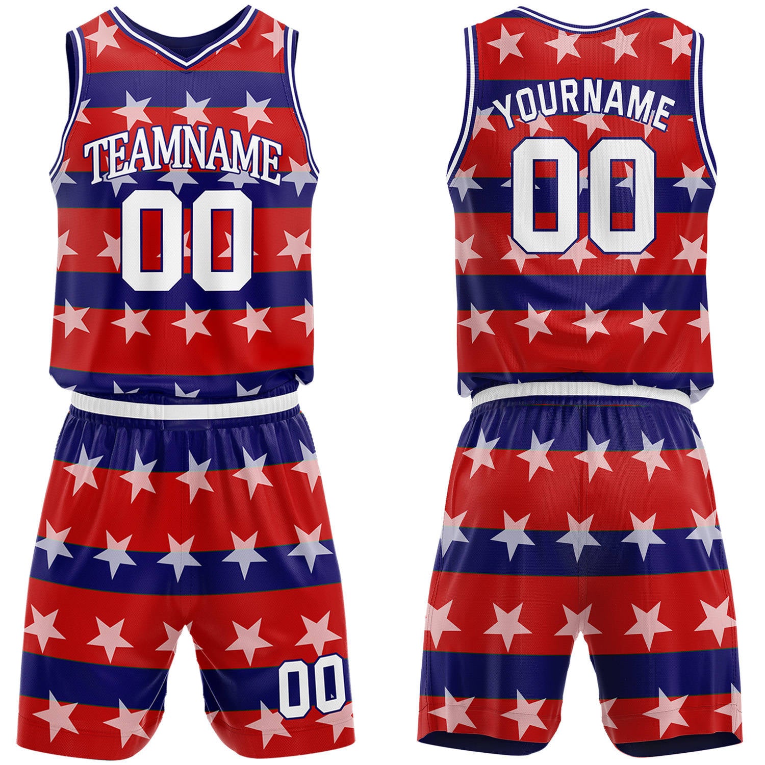 Custom red & blue star-stripe basketball jersey & shorts set by Vosoli | Personalized team name & number sportswear