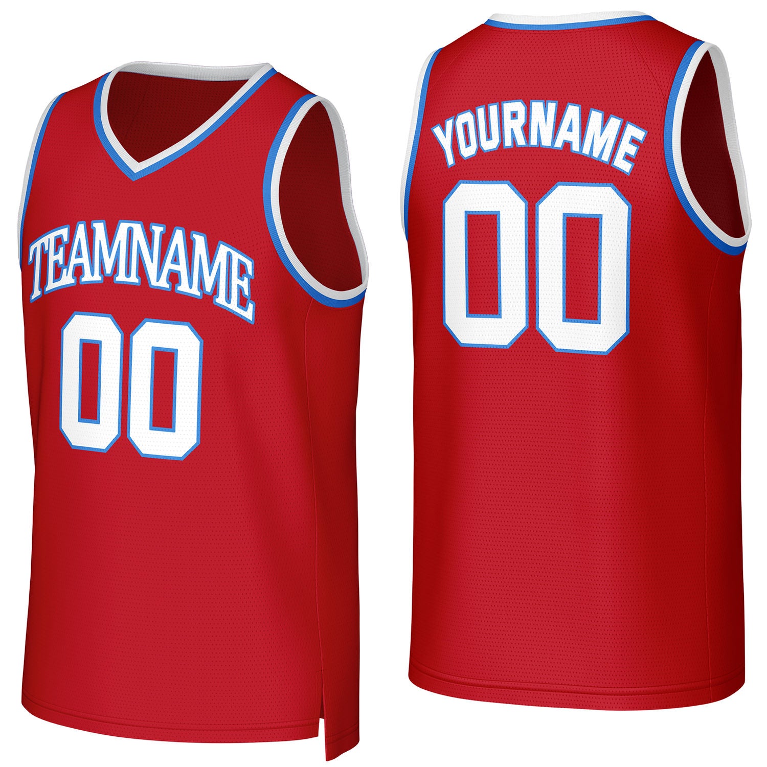 Custom red-lightblue mesh basketball jersey by Vosoli | Personalized name & number team uniform for youth & adults