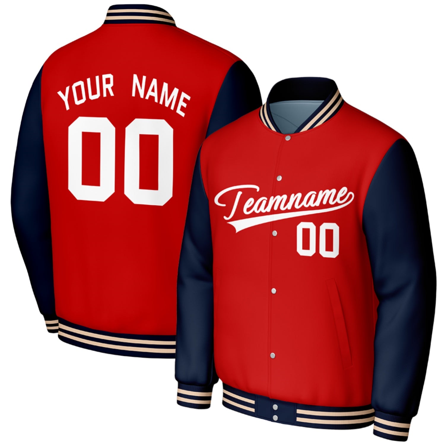 custom red navy baseball jackets for warmups by Vosoli, personalized stitched name, number & logo, classic button up varsity letterman jacket for warmups and casual wear