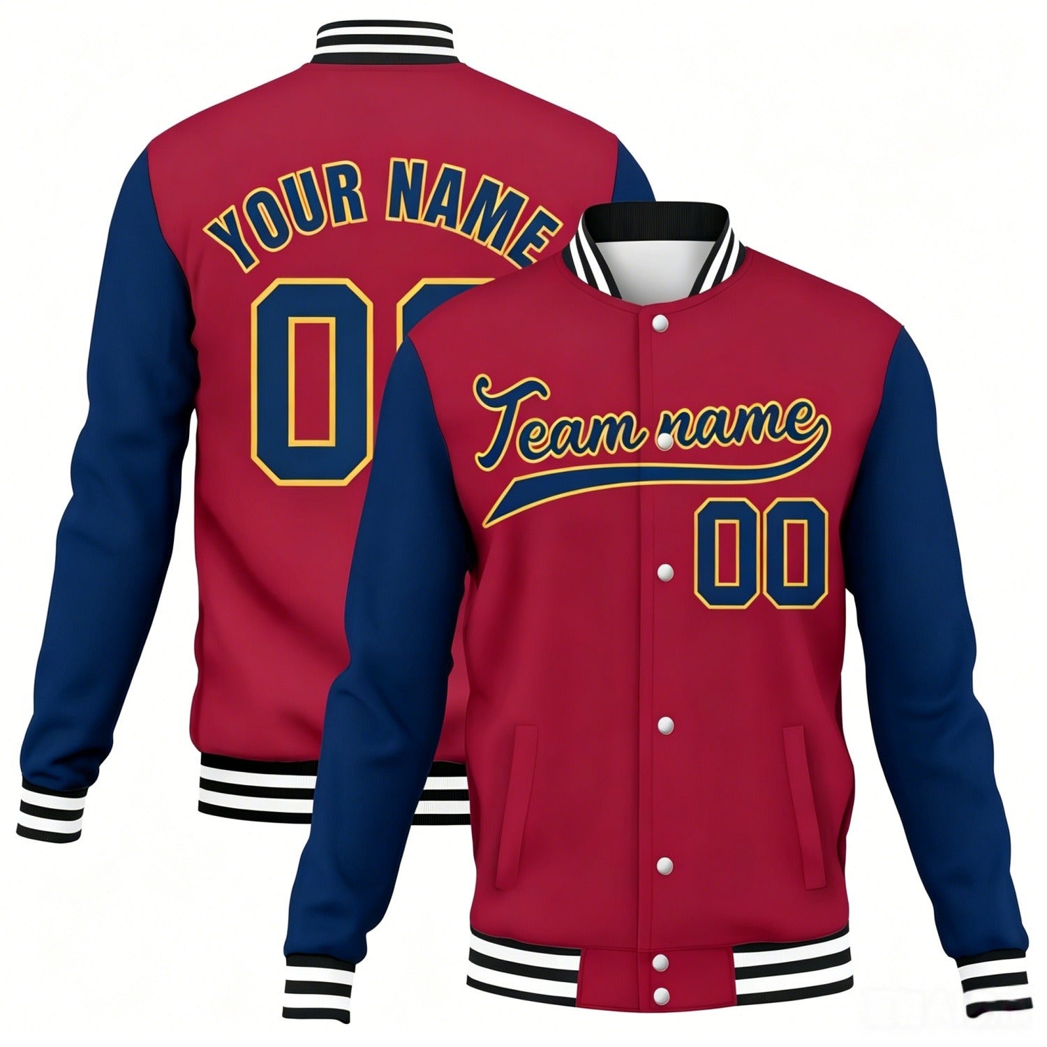 Custom red-navy contrast sleeve stitched varsity baseball jacket by Vosoli | Personalized team name & number jacket for youth & adults