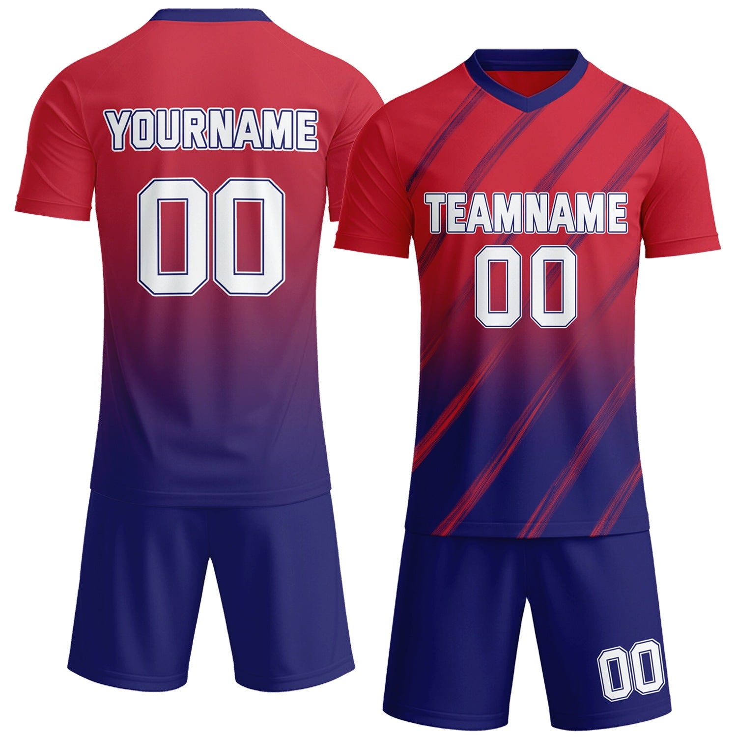 Custom red & navy gradient soccer jersey set, personalized name number team logo, short-sleeve jersey with matching shorts sports uniform for men women youth adult game practice - Vosoli