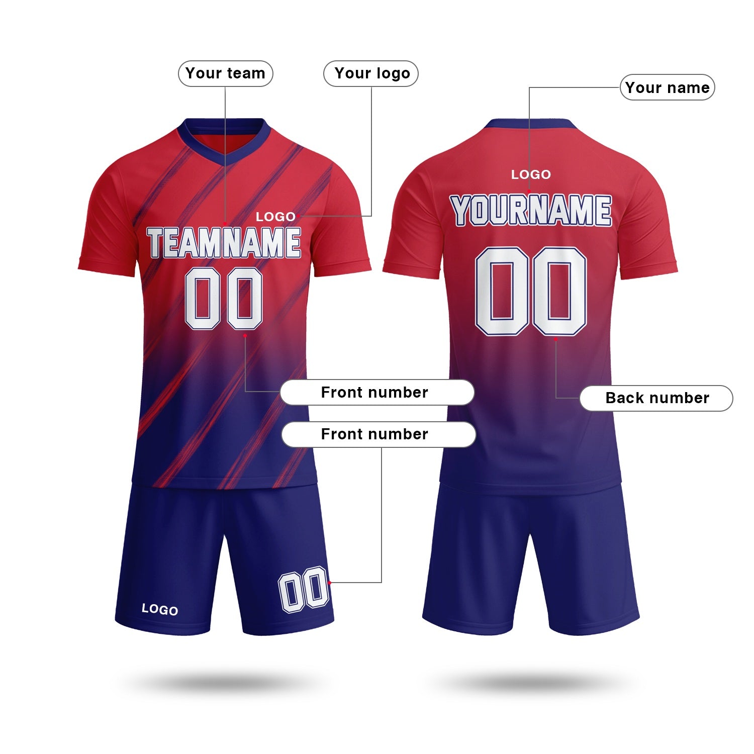 Custom Red & Navy Gradient Soccer Jersey Set | Personalized Team Uniform | Vosoli