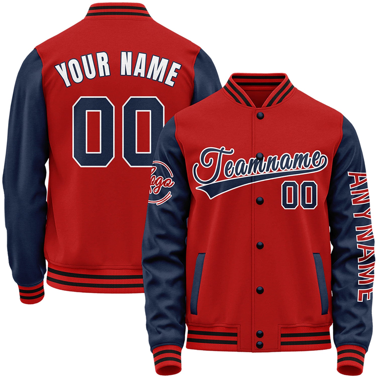 Custom red and navy high school varsity baseball jackets by Vosoli with stitched name, number and logo. Classic varsity jacket for baseball and casual wear.