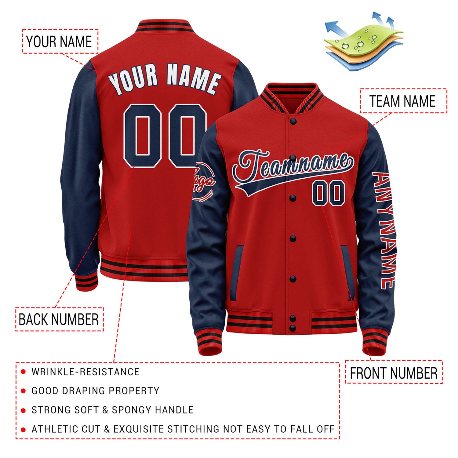 Custom Red & Navy Two Tone Varsity Letterman Jacket | Personalized Stitched Team Name Number Outerwear
