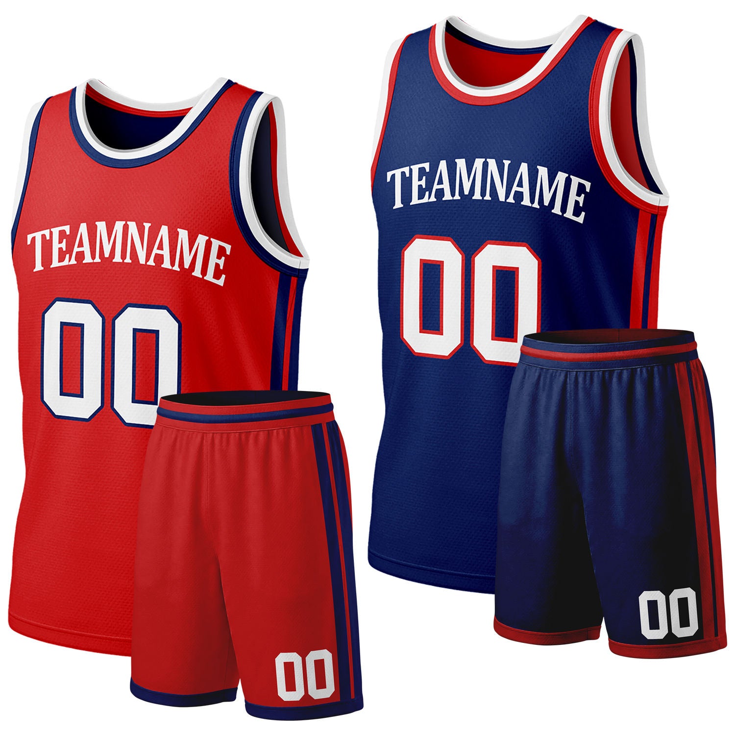 Custom red & navy reversible basketball jersey shorts set by Vosoli | Personalized team name & number full team uniform sportswear