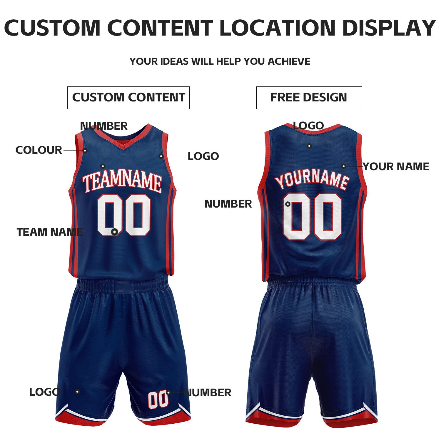 Custom Red & Navy Reversible Basketball Jersey Shorts Set | Personalized Full Vintage Team Uniform