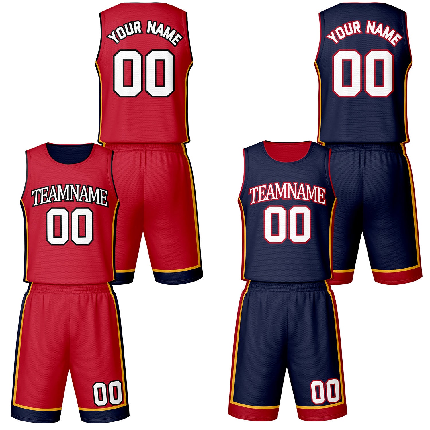 Custom red & navy reversible basketball jersey shorts set by Vosoli | Personalized team name number vintage uniform sportswear