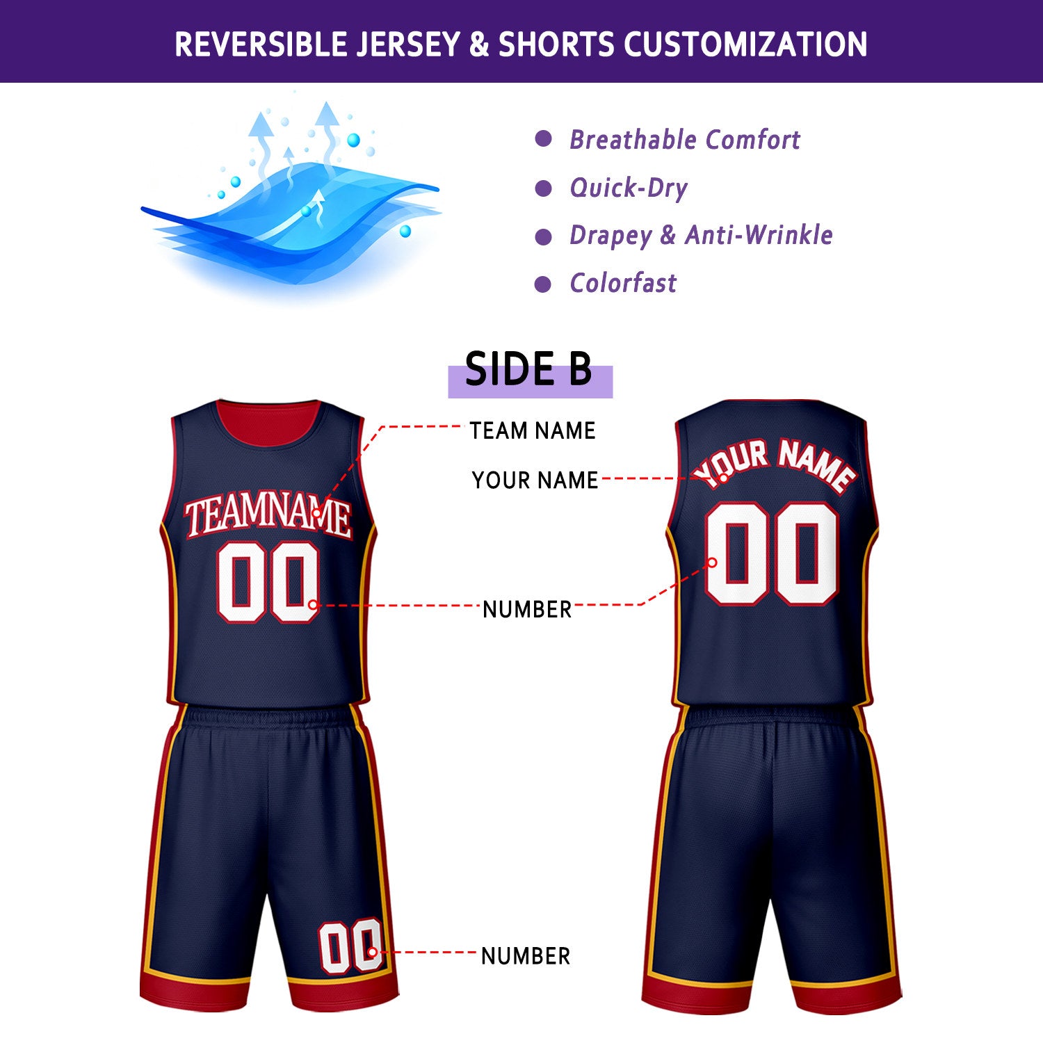 Custom Red & Navy Reversible Basketball Jersey Shorts Set | Personalized Team Uniform