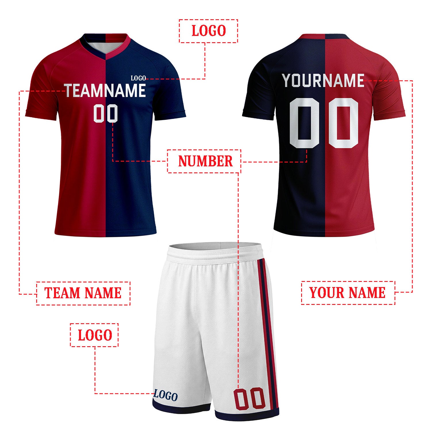Custom Red & Navy Split Soccer Uniform Set | Personalized Jersey & Shorts for Adult & Youth