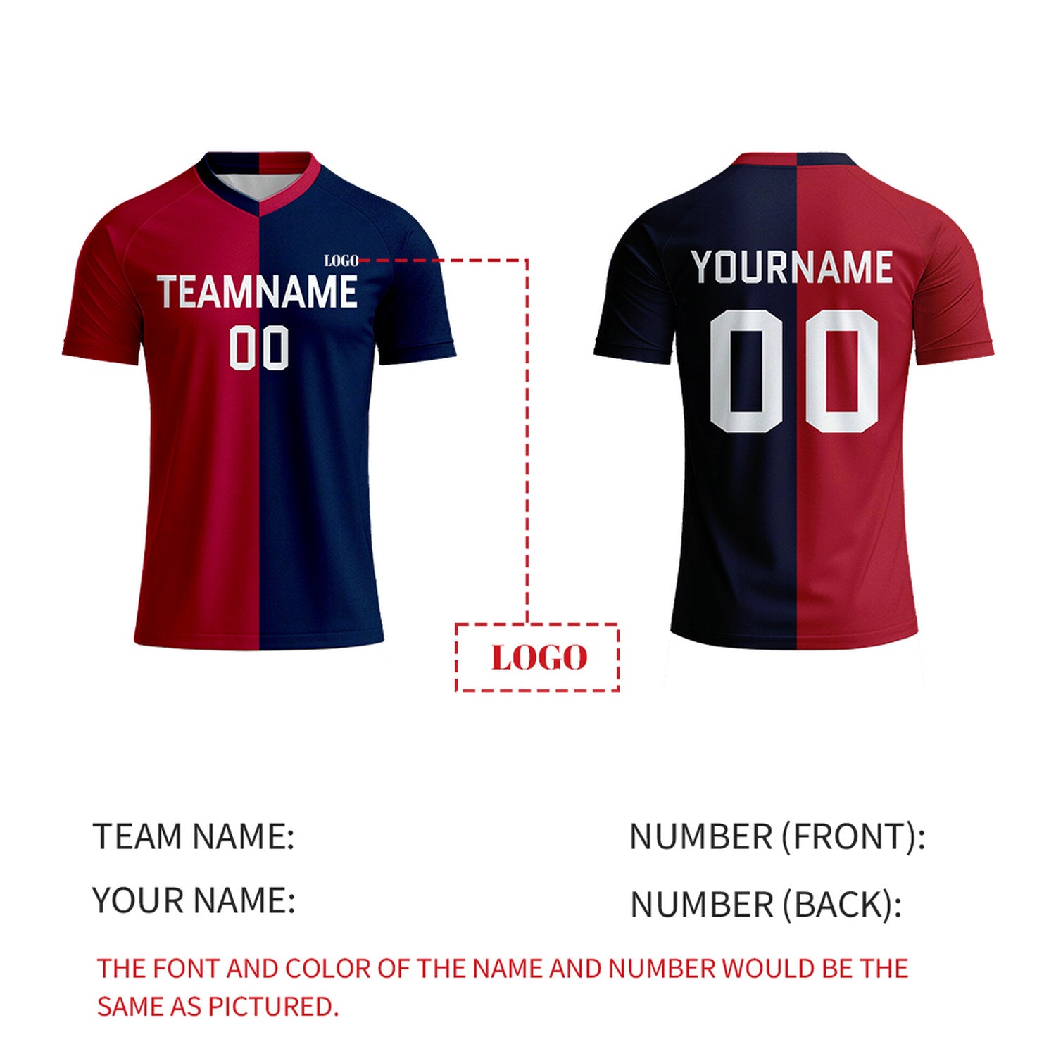 Custom Red & Navy Split Soccer Jersey | Personalized Short Sleeve V-Neck Uniform for Youth & Adult