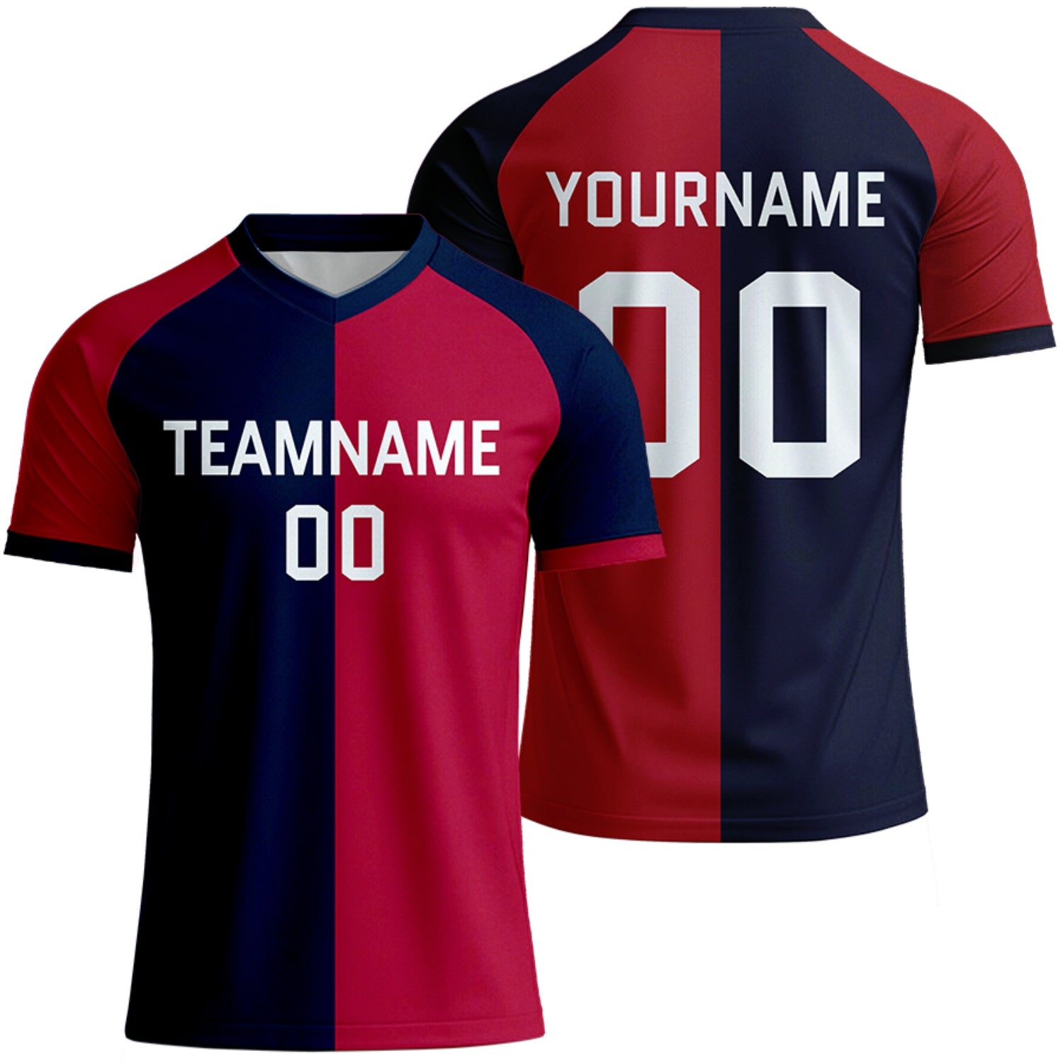 custom red navy split soccer jersey for teams by Vosoli, personalized team name, player name & number, breathable short sleeve V-neck soccer uniform for team matches