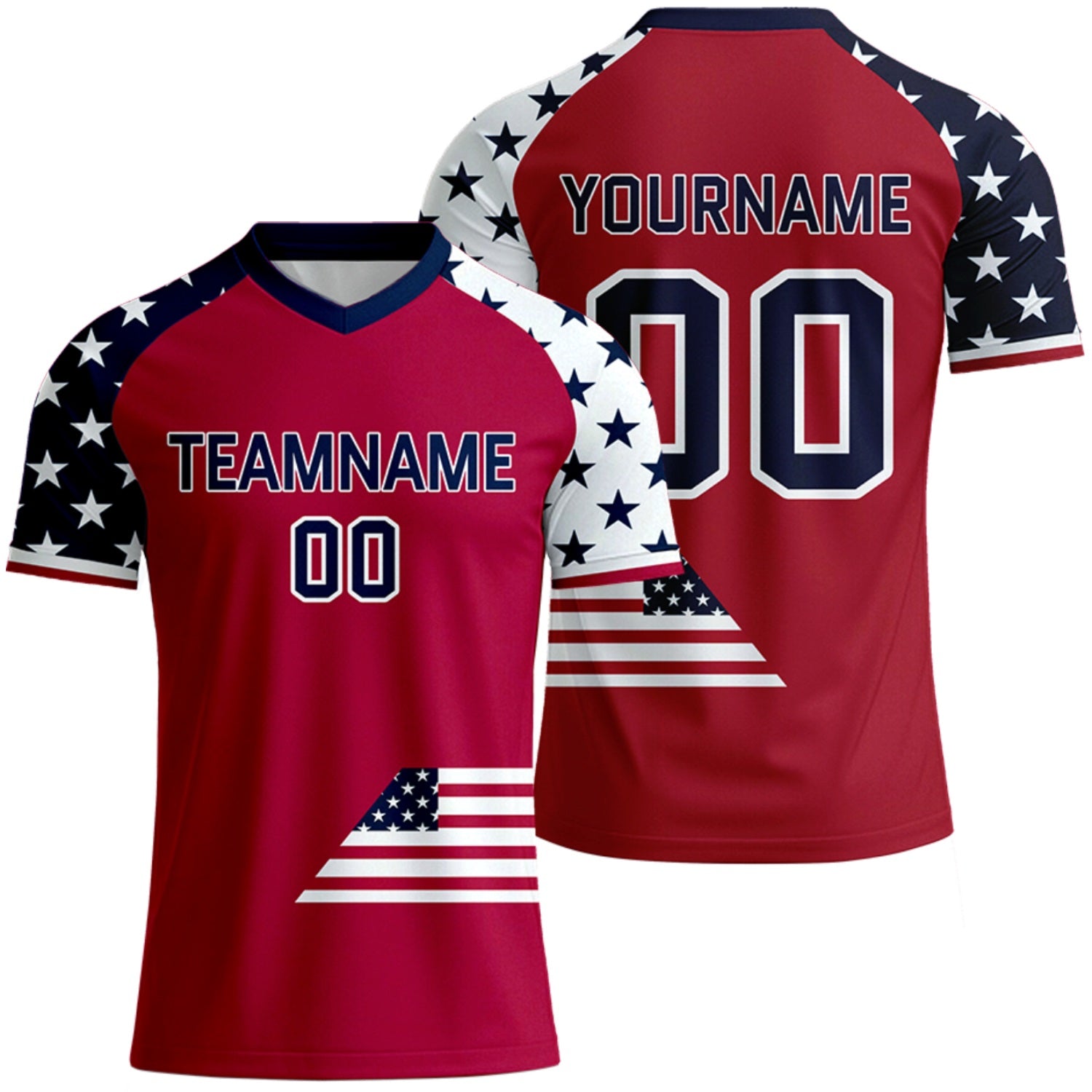 custom red navy star custom soccer team jersey design by Vosoli, personalized team name, player name & number, breathable short sleeve V-neck soccer uniform for team matches