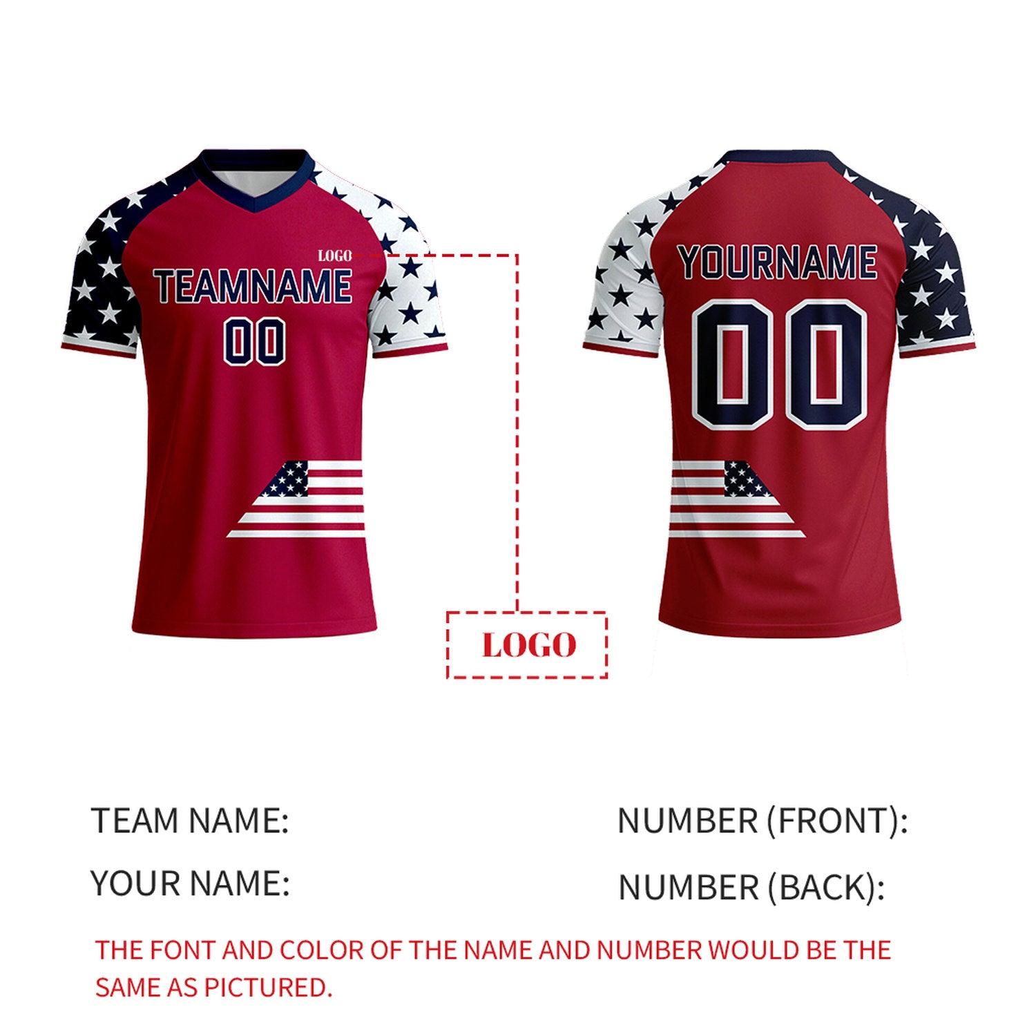 Custom Red & Navy Star Pattern Soccer Jersey | Personalized Short Sleeve V-Neck Jersey for Youth & Adult
