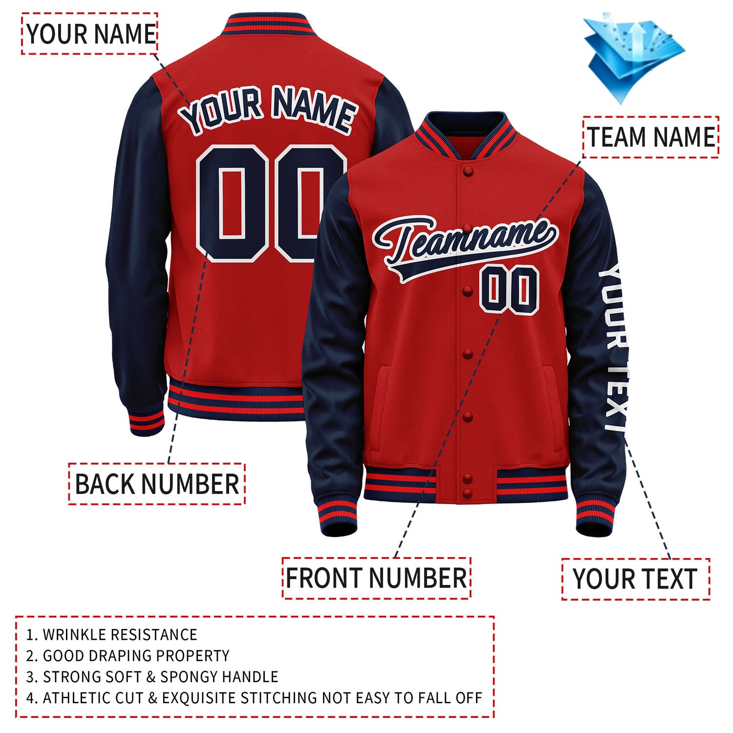 Custom Red Navy Jacket Personalized Team Name Number Letterman Bomber for Adult & Youth