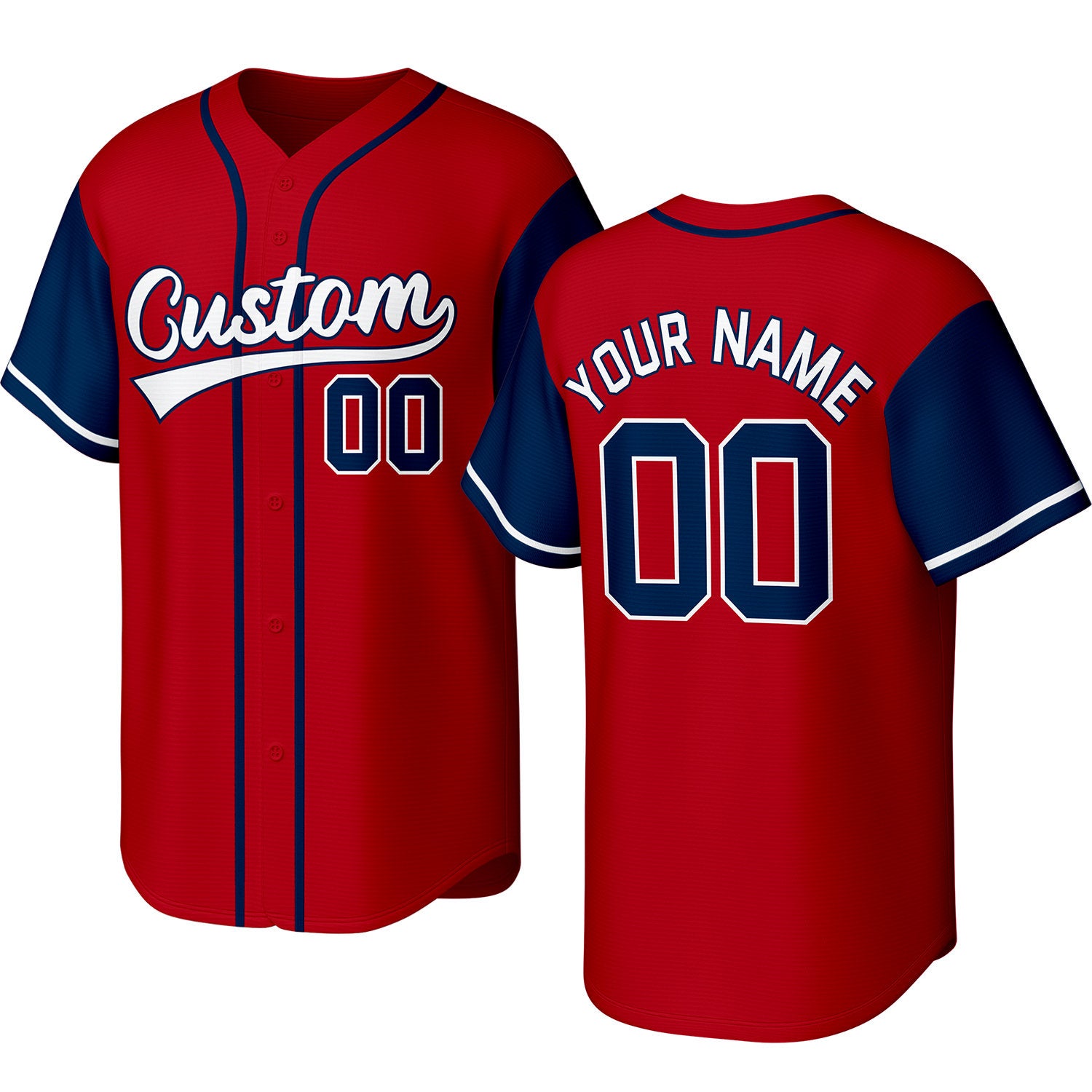 Custom red, navy & white baseball jersey with logo, personalized name & number, button-front short-sleeve sports uniform for team men women youth game practice - Vosoli