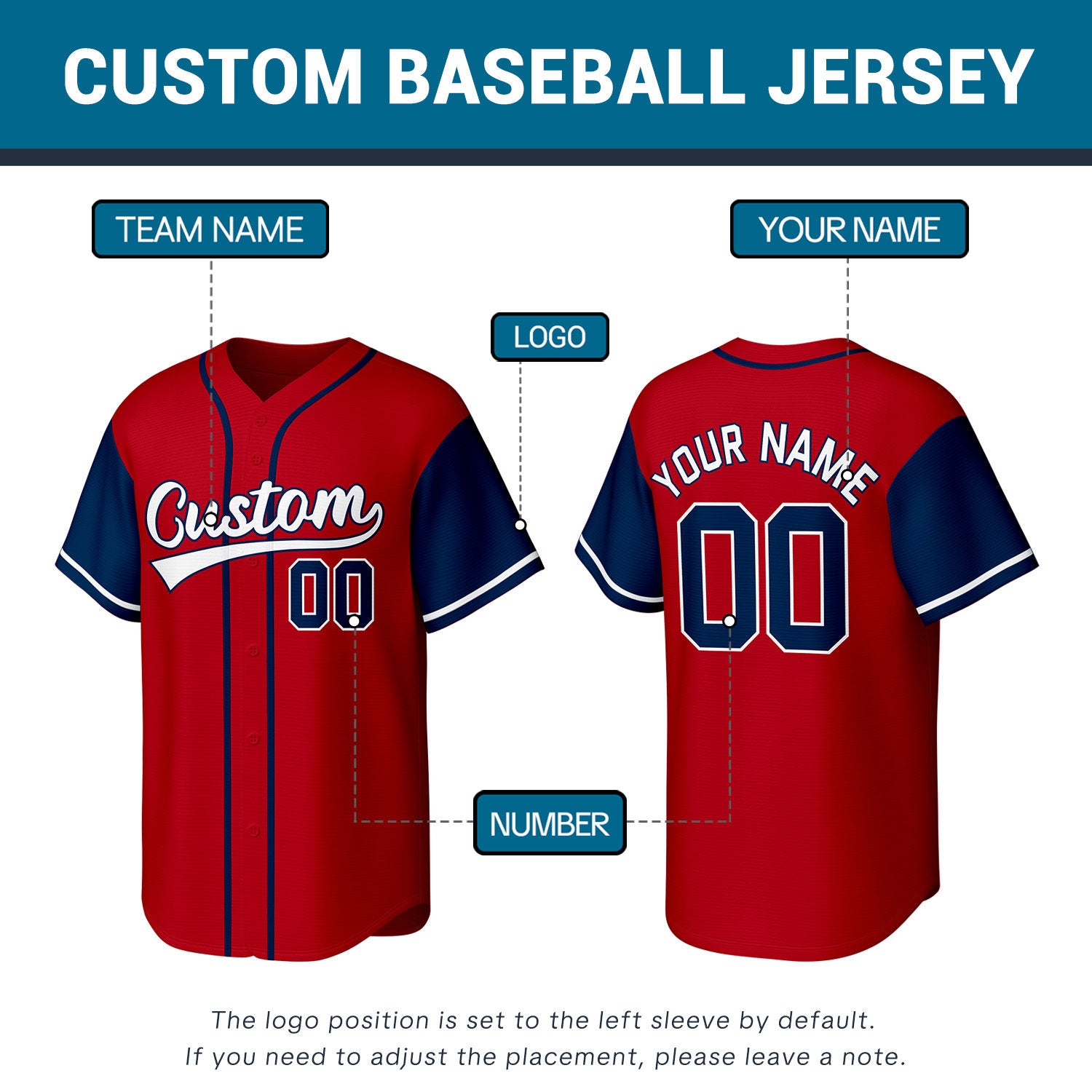 Custom Red Navy & White Personalized Baseball Jersey | Team Sports Uniform | Vosoli