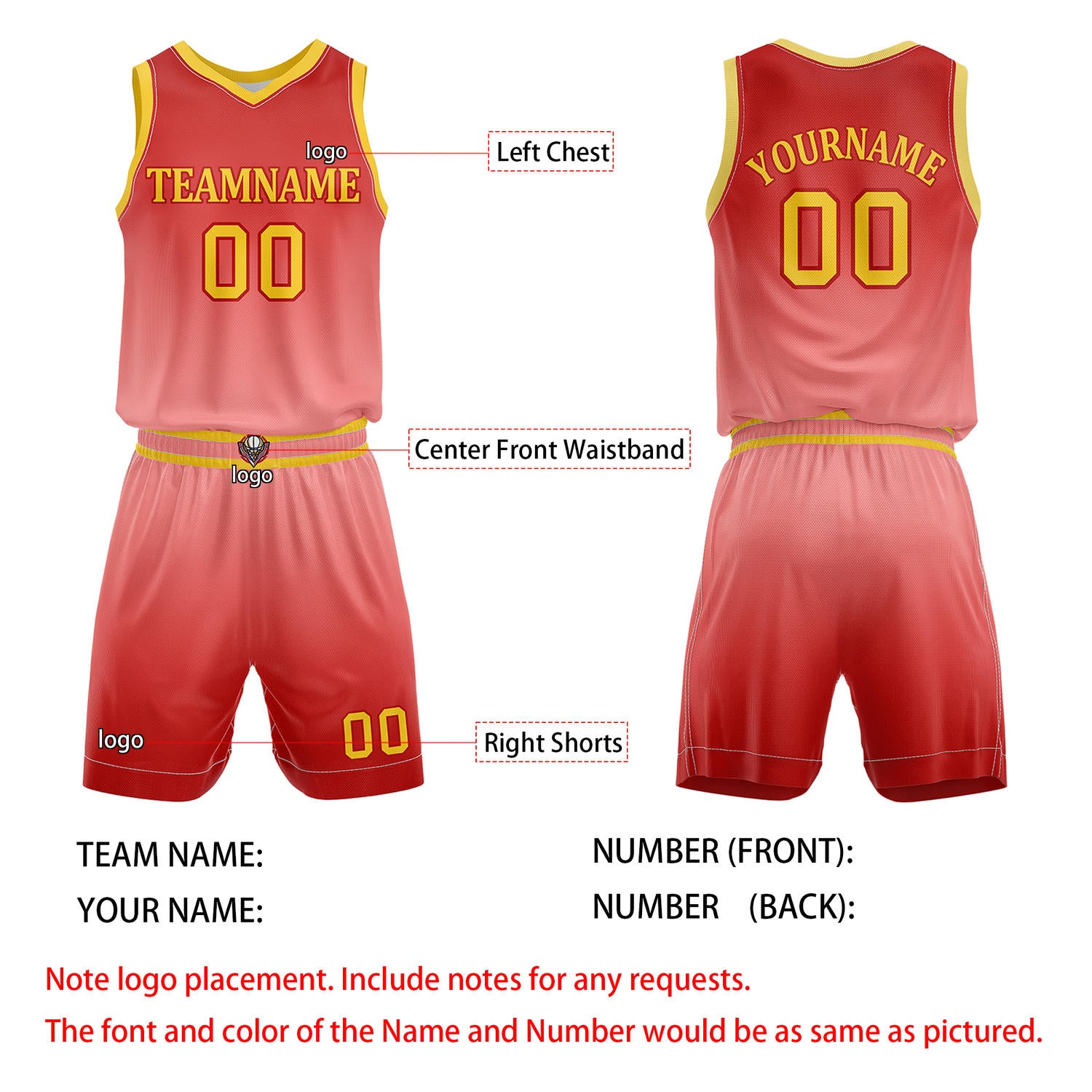 Custom Red & Pink Gradient Basketball Jersey + Shorts Set - Personalized Team Name, Number | Vosoli