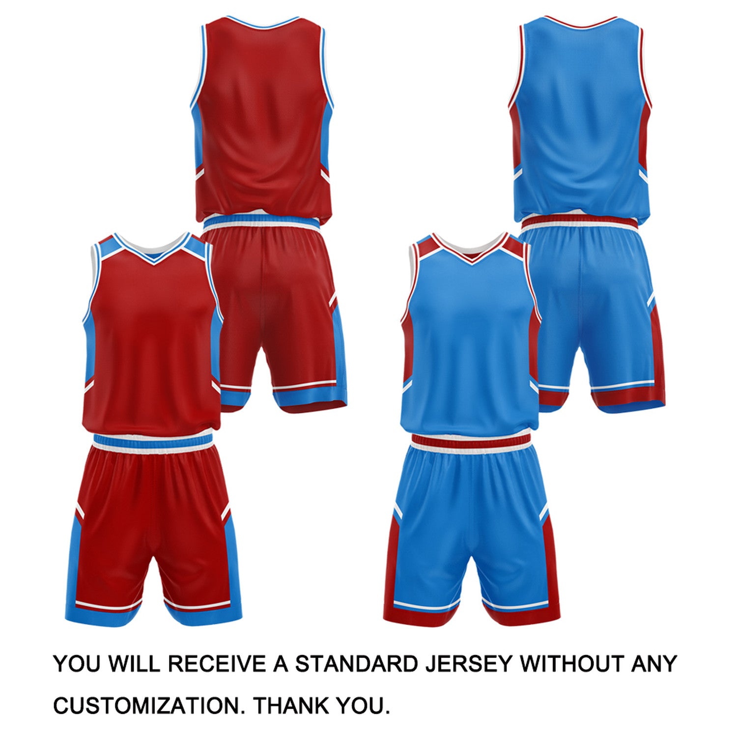 Custom Reversible Basketball Uniform Set | Red & Sky Blue V-Neck Sleeveless Jersey & Athletic Shorts