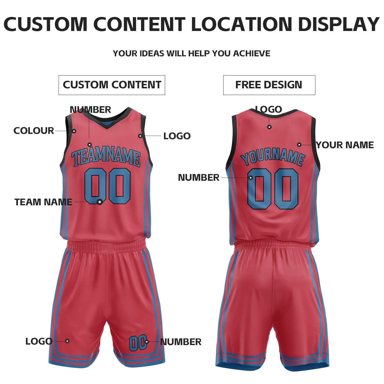 Custom Red & Slate Blue Reversible Basketball Jersey Shorts Set | Personalized Full Vintage Team Uniform