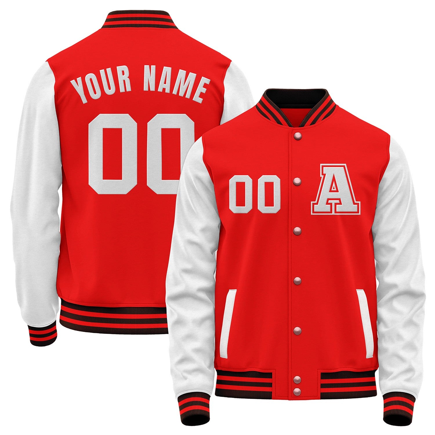 Custom red and white baseball jackets for college teams by Vosoli with stitched name, number and logo. Classic varsity jacket for baseball and casual wear.