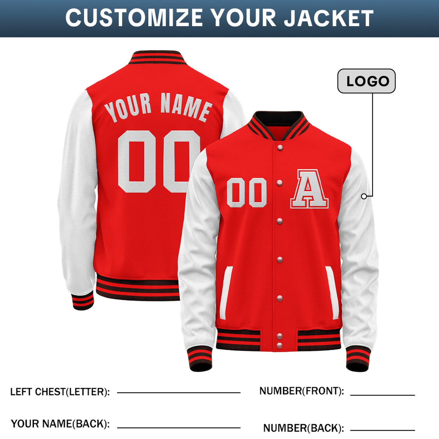 Custom Varsity Jacket with Stitched Name & Number | Red & White Personalized Team Letterman Bomber