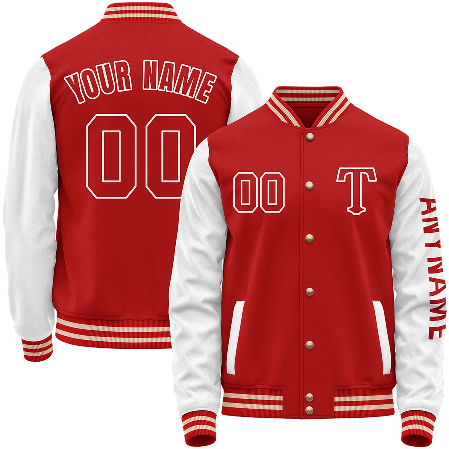 Custom red and white baseball team jackets by Vosoli with stitched name, number and logo. Classic varsity jackets for baseball and casual wear.