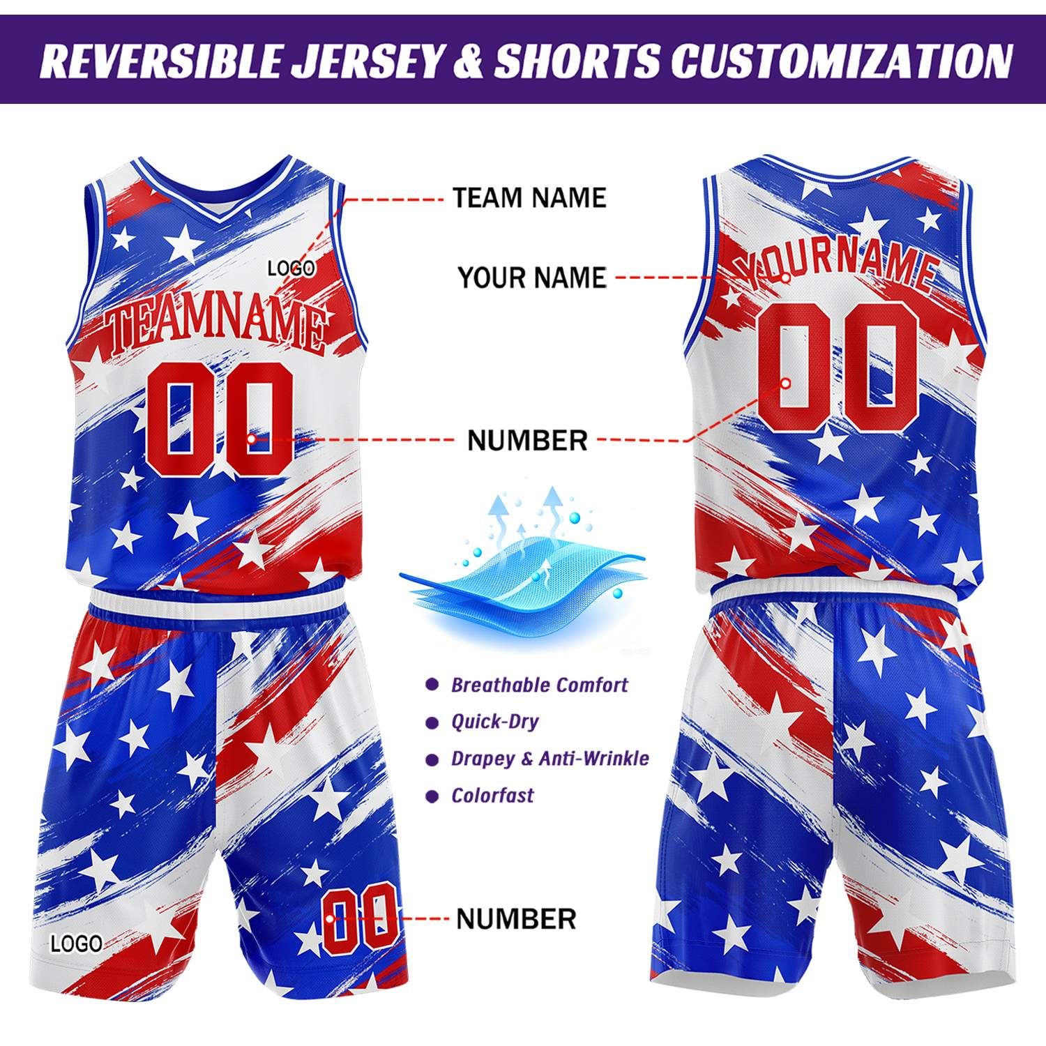 Custom Red-White-Blue Star Basketball Jersey & Shorts Set | Personalized Team Uniform