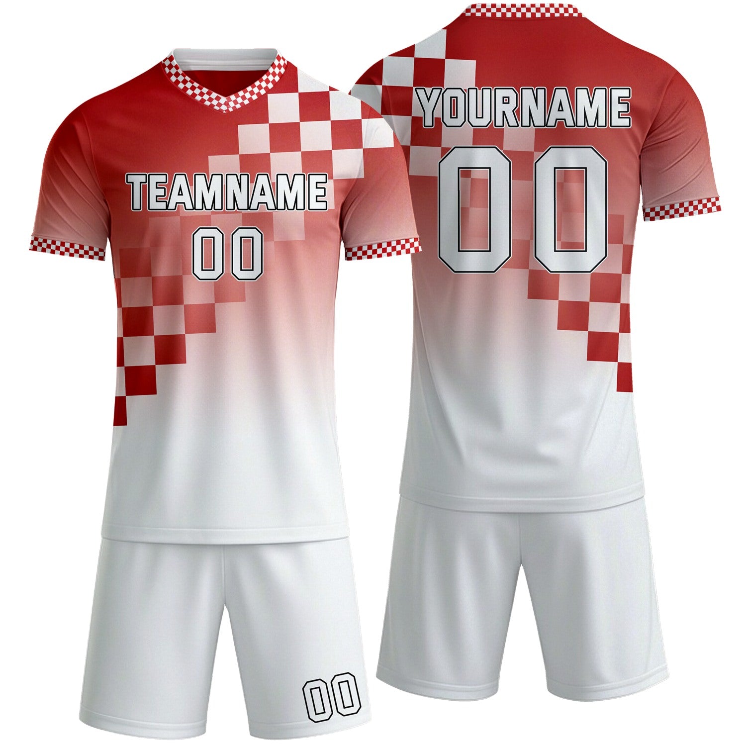 Custom red & white checkerboard gradient soccer jersey set, personalized name number team logo, short-sleeve jersey with matching shorts sports uniform for men women youth adult game practice - Vosoli