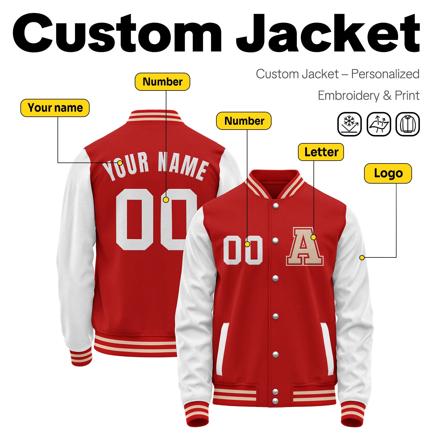 Custom Varsity Jacket with Stitched Name & Number | Red & White Personalized Team Letterman Bomber