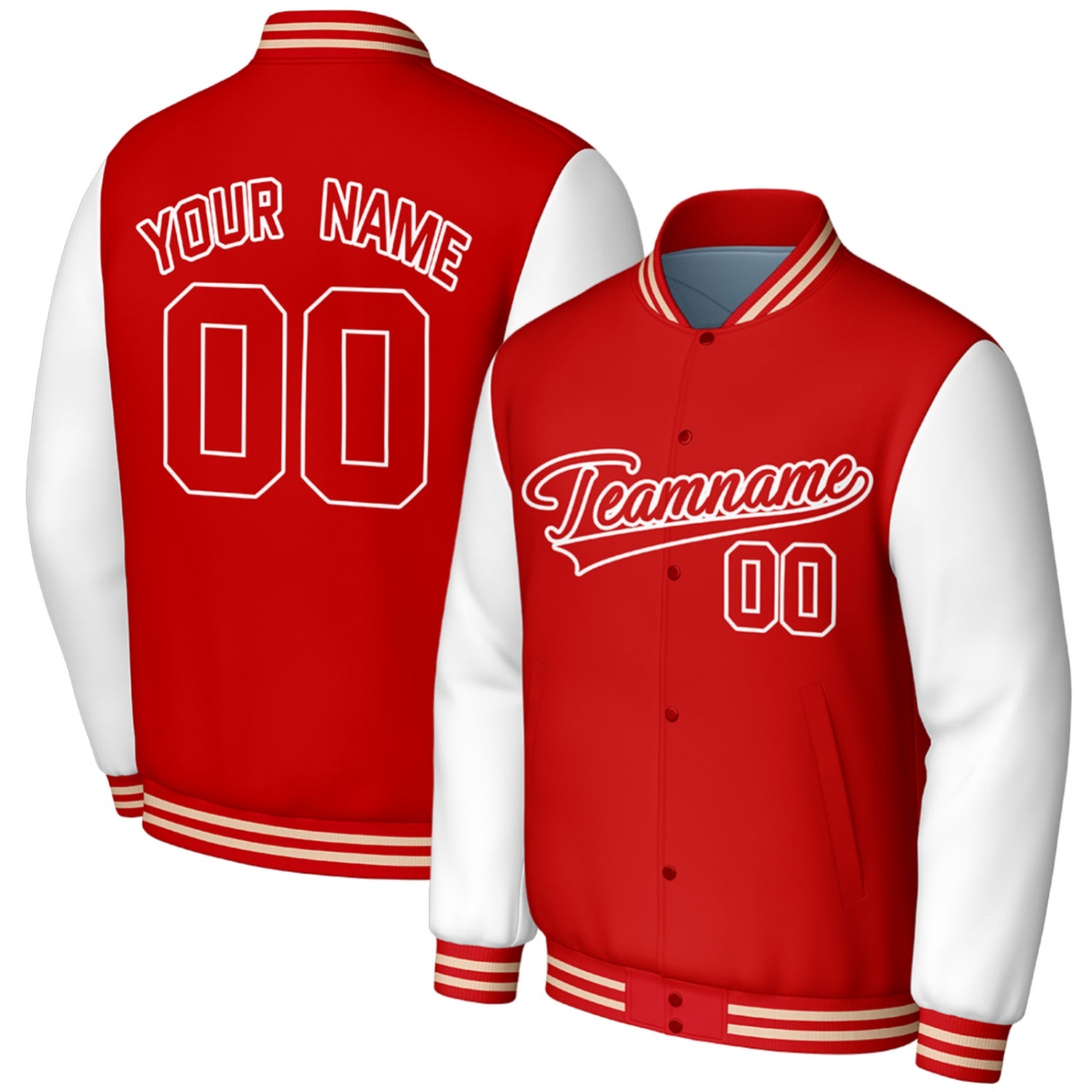 custom red white senior baseball jackets by Vosoli, personalized stitched name, number & logo, classic button up varsity letterman jacket for high school senior baseball team and casual wear