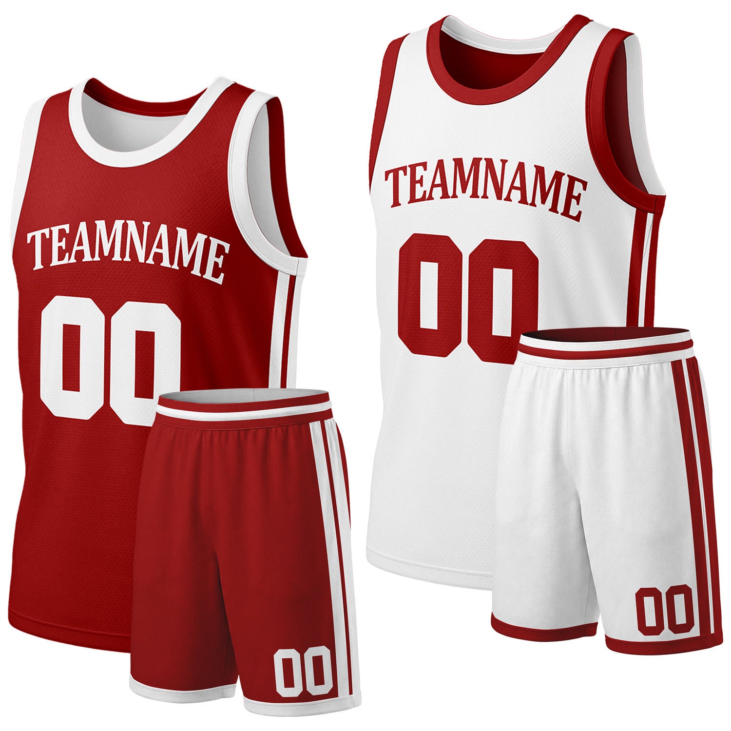 Custom red & white reversible basketball jersey shorts set by Vosoli | Personalized team name & number full team uniform sportswear