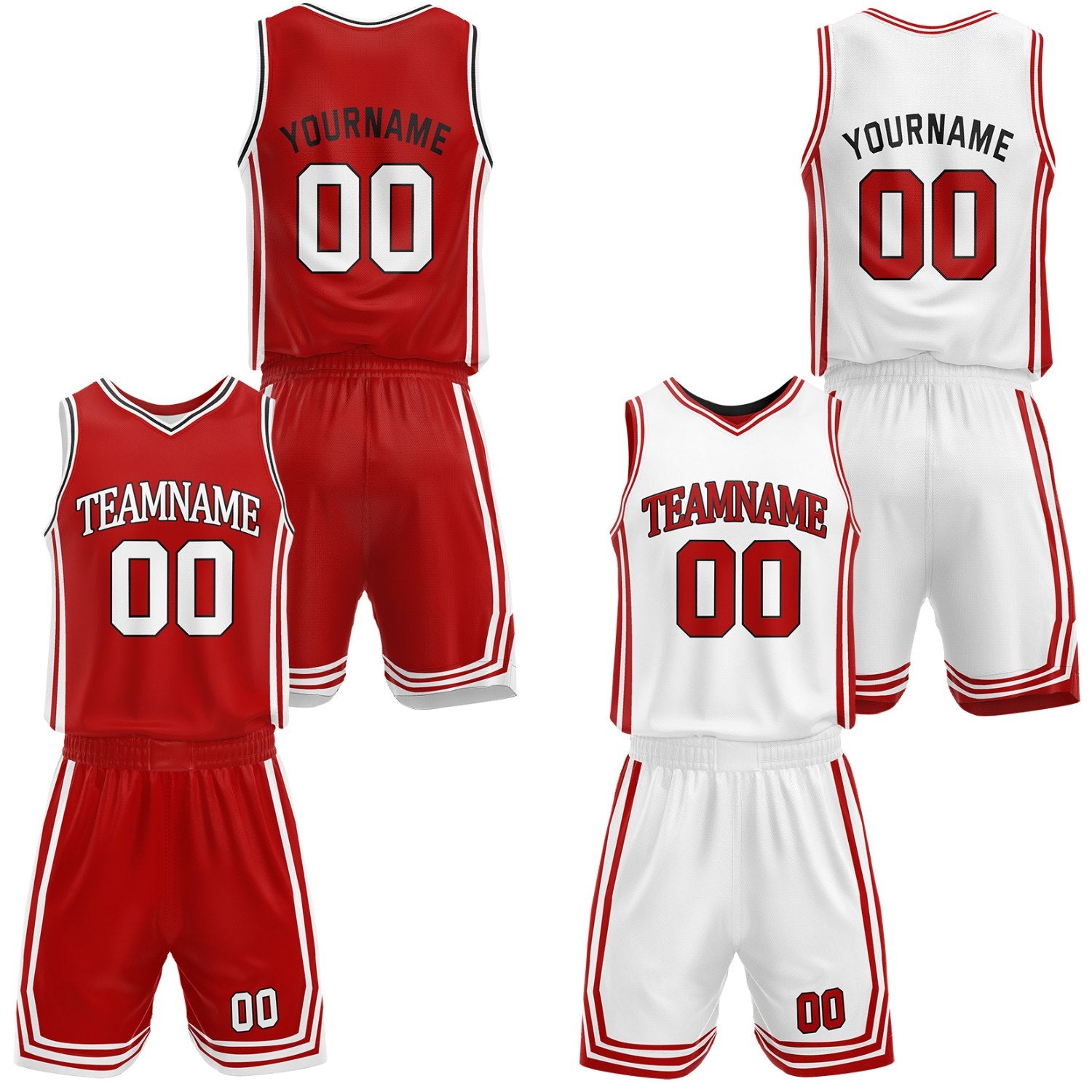 Custom red & white reversible basketball jersey shorts set by Vosoli | Personalized team name number casual vintage uniform sportswear