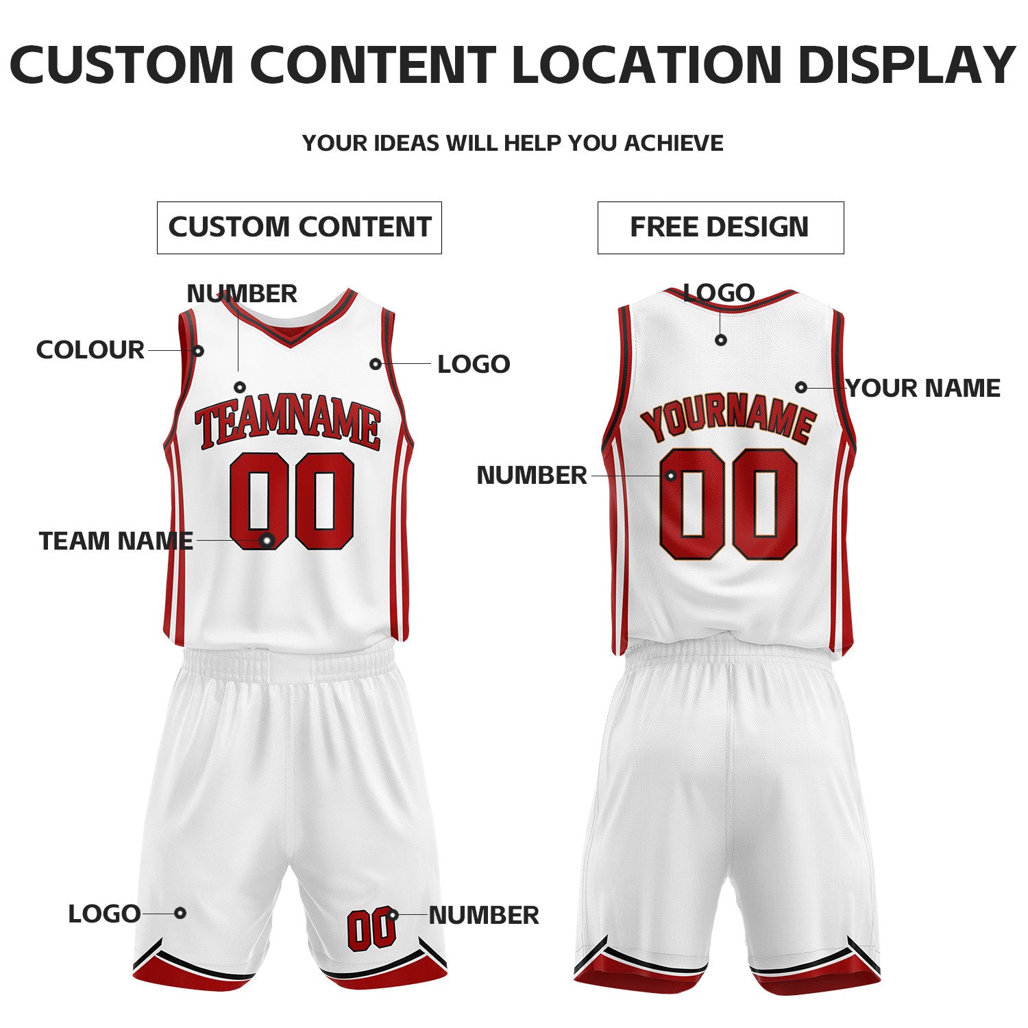 Custom Red & White Reversible Basketball Jersey Shorts Set | Personalized Full Vintage Team Uniform