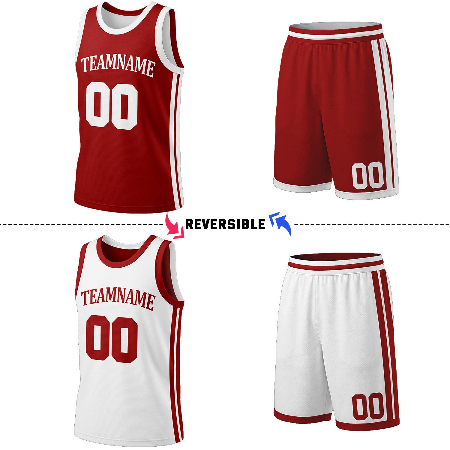 Custom Red & White Reversible Basketball Jersey Shorts Set | Personalized Full Team Uniform