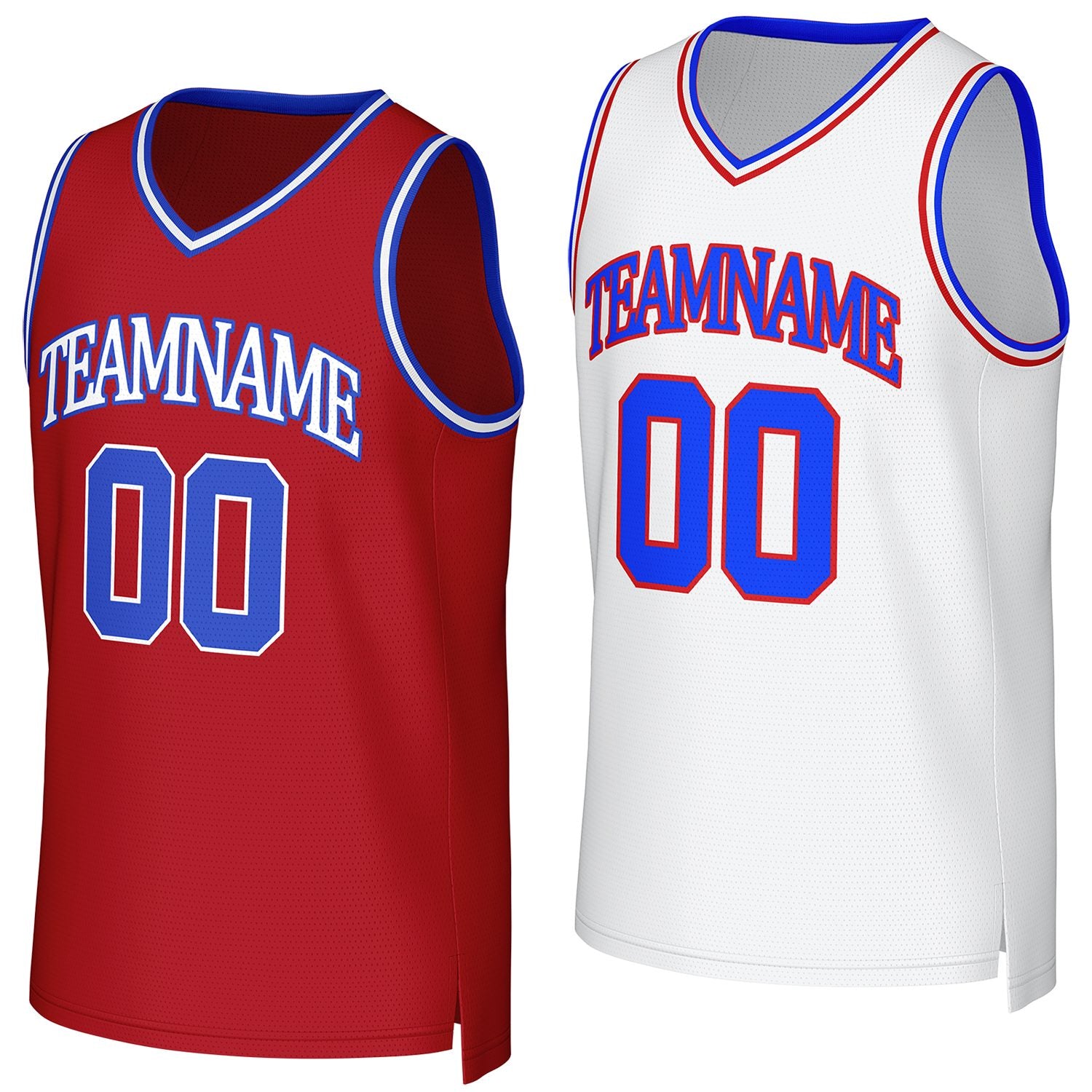 Custom red & white (blue accents) reversible basketball jersey by Vosoli | Personalized team name & number sportswear