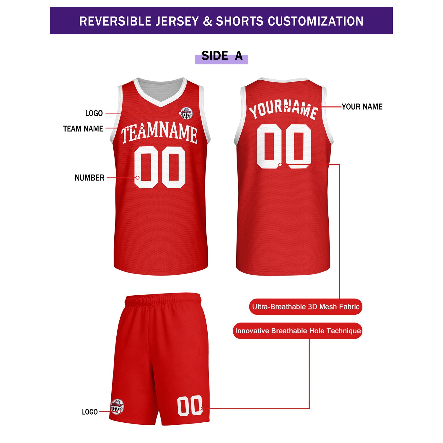 Custom Red & White Reversible Basketball Uniform Set | Personalized Team Name & Number - Vosoli