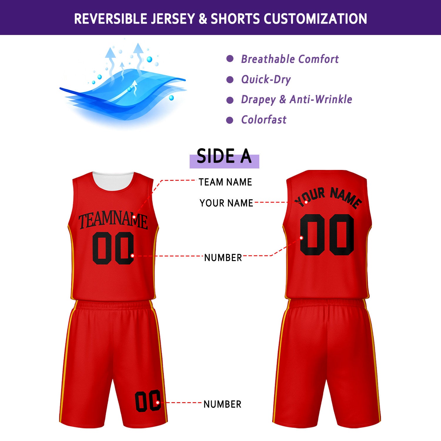 Custom Red & White Reversible Basketball Jersey Shorts Set | Personalized Team Uniform