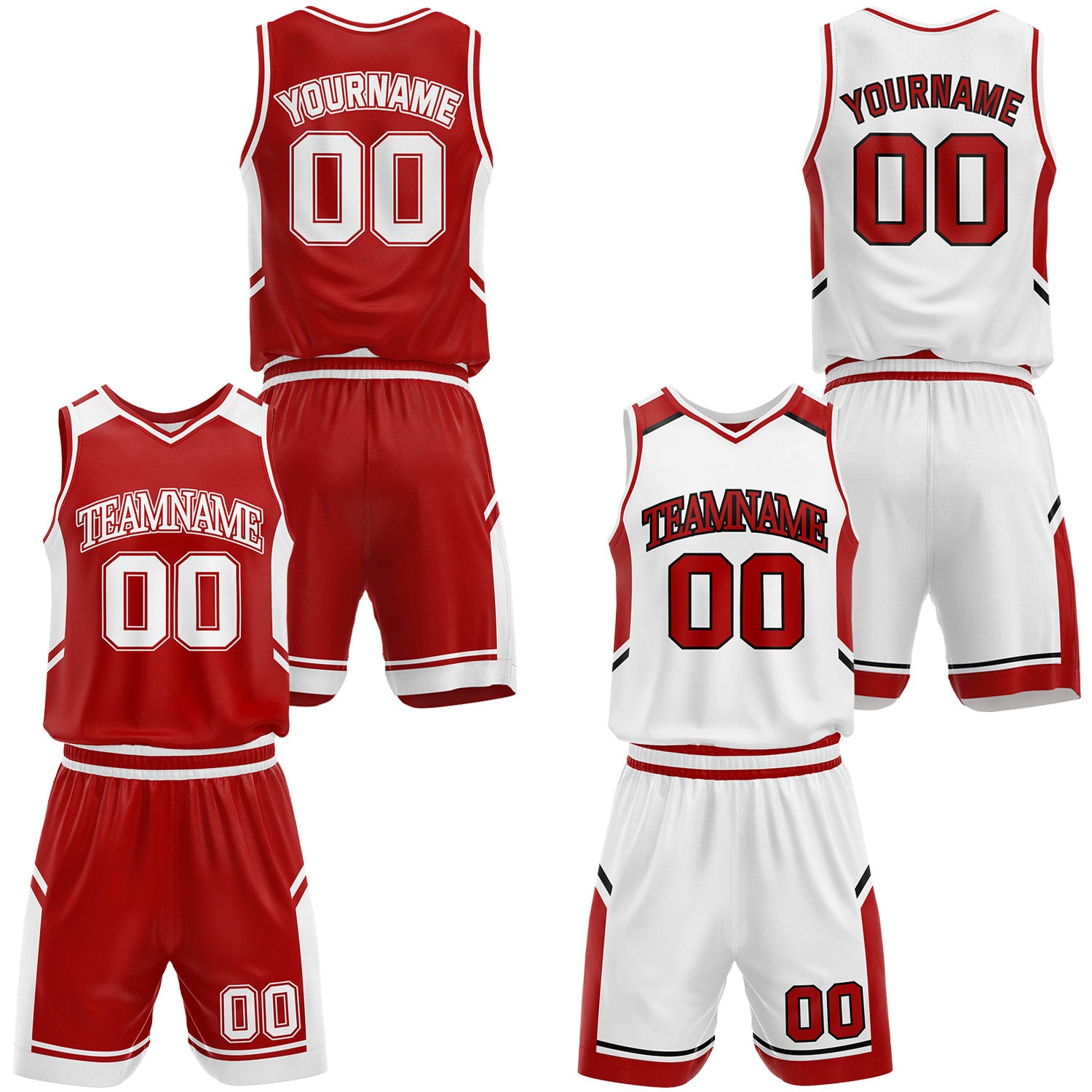Custom red and white basketball uniform set, personalized name, number and logo, breathable mesh for youth & adult.