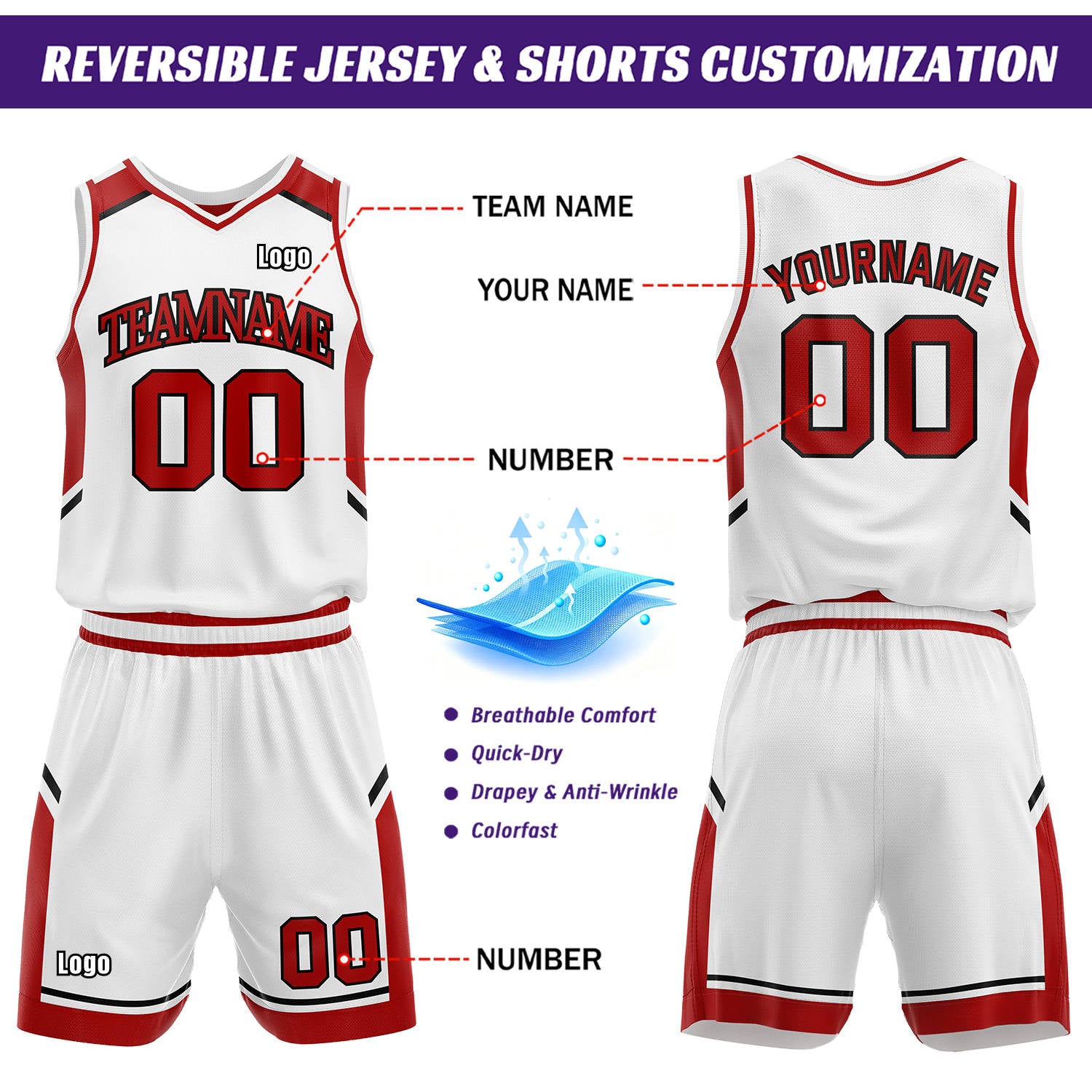 ustom Reversible Basketball Uniform Set | Red & White V-Neck Sleeveless Jersey & Athletic Shorts