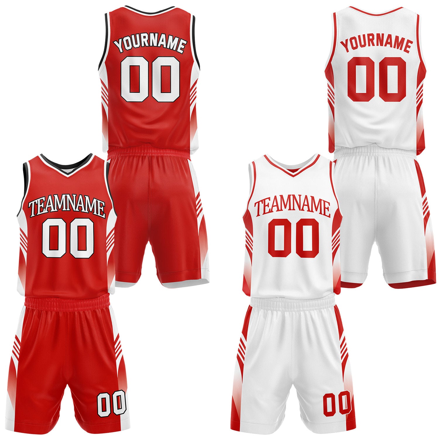 Custom red and white reversible basketball uniform by Vosoli. Personalized with team name, number, and logo. Breathable mesh jersey and shorts for high school, college, AAU teams.