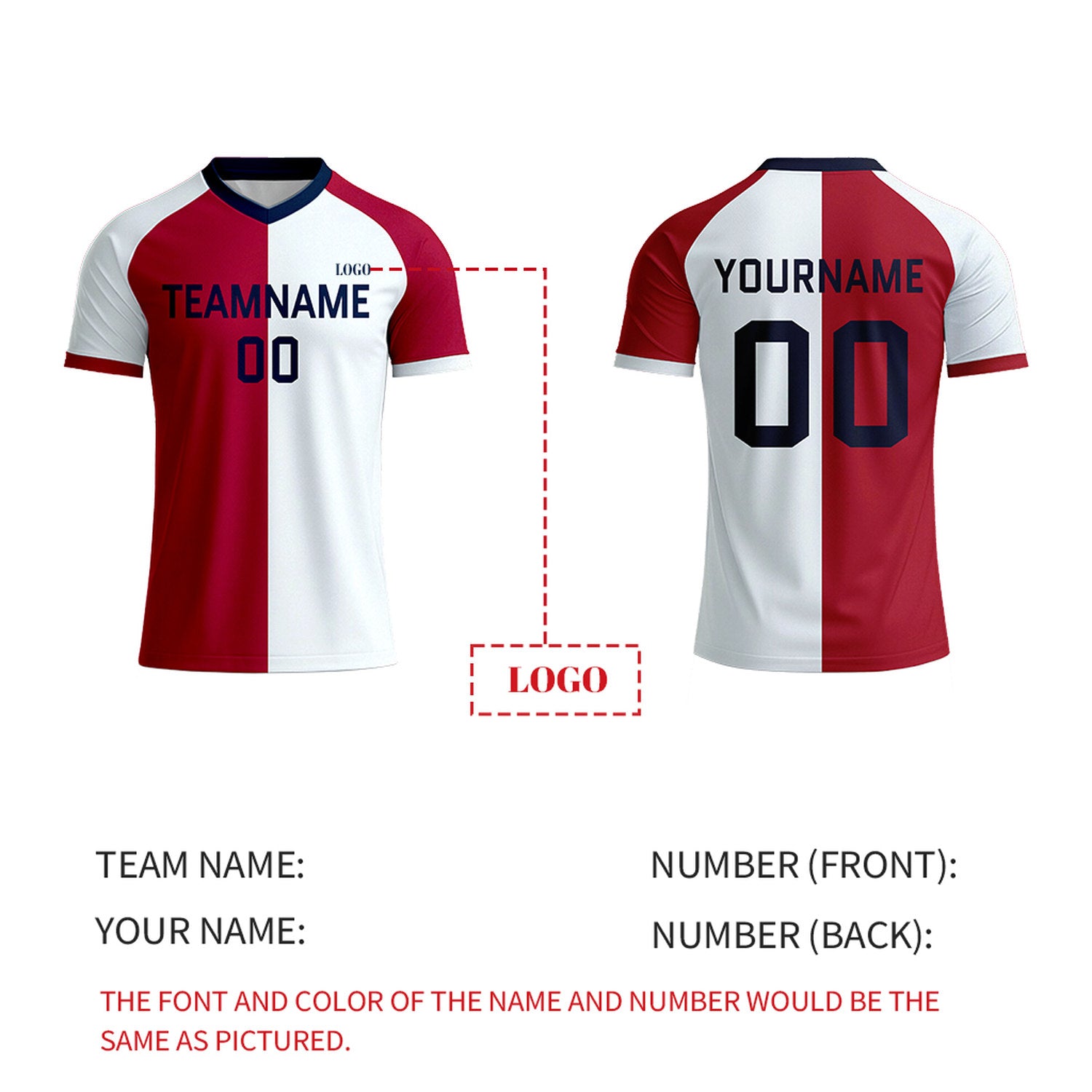 Custom Red & White Split Soccer Jersey | Personalized Short Sleeve V-Neck Uniform for Youth & Adult