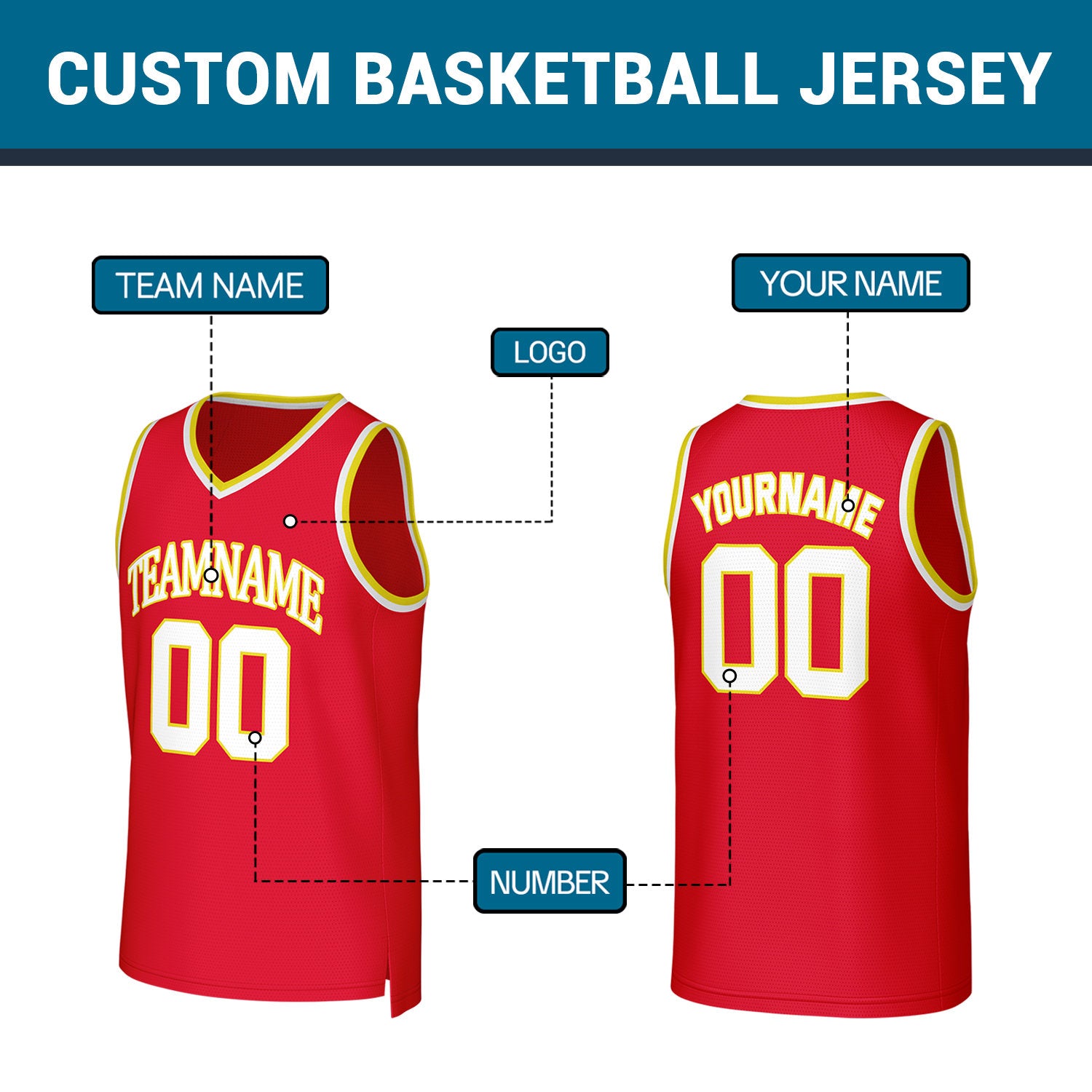 Custom Red White Stitched Basketball Jersey | Personalized Name Number Logo Mesh Sports Jersey