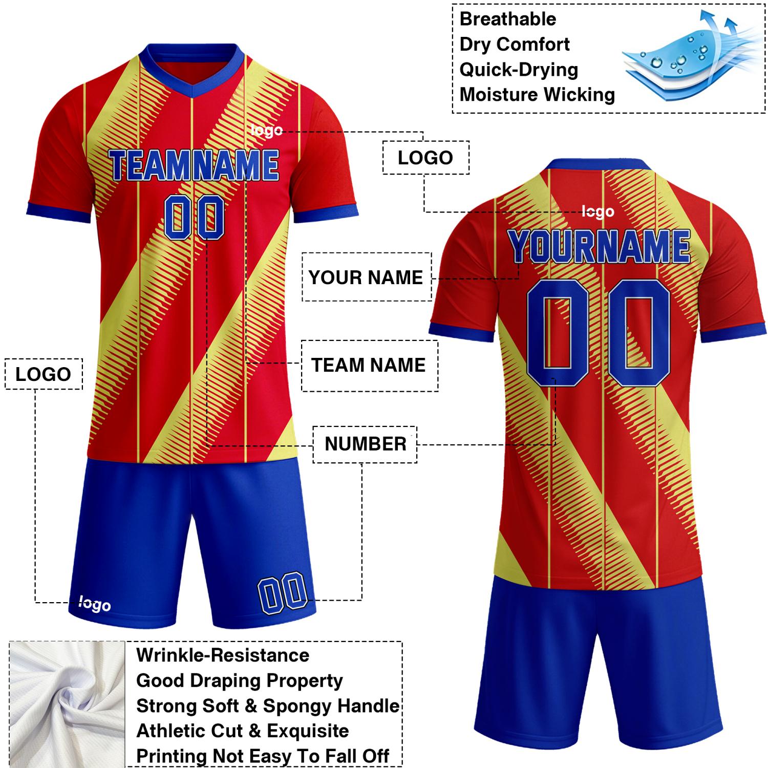 Custom Red Yellow Blue Stripe Soccer Jersey Set | Personalized Team Uniform | Vosoli