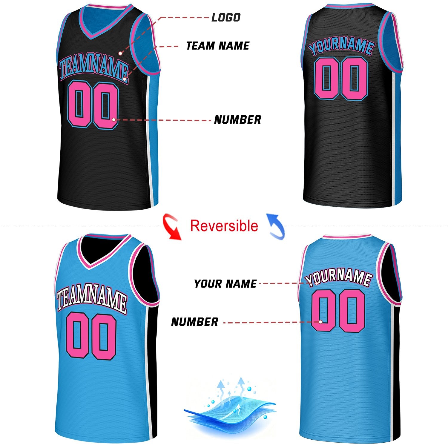 Custom Black & Carolina Blue Double Sided Basketball Uniform Set | Personalized Team Uniforms for Adult & Youth