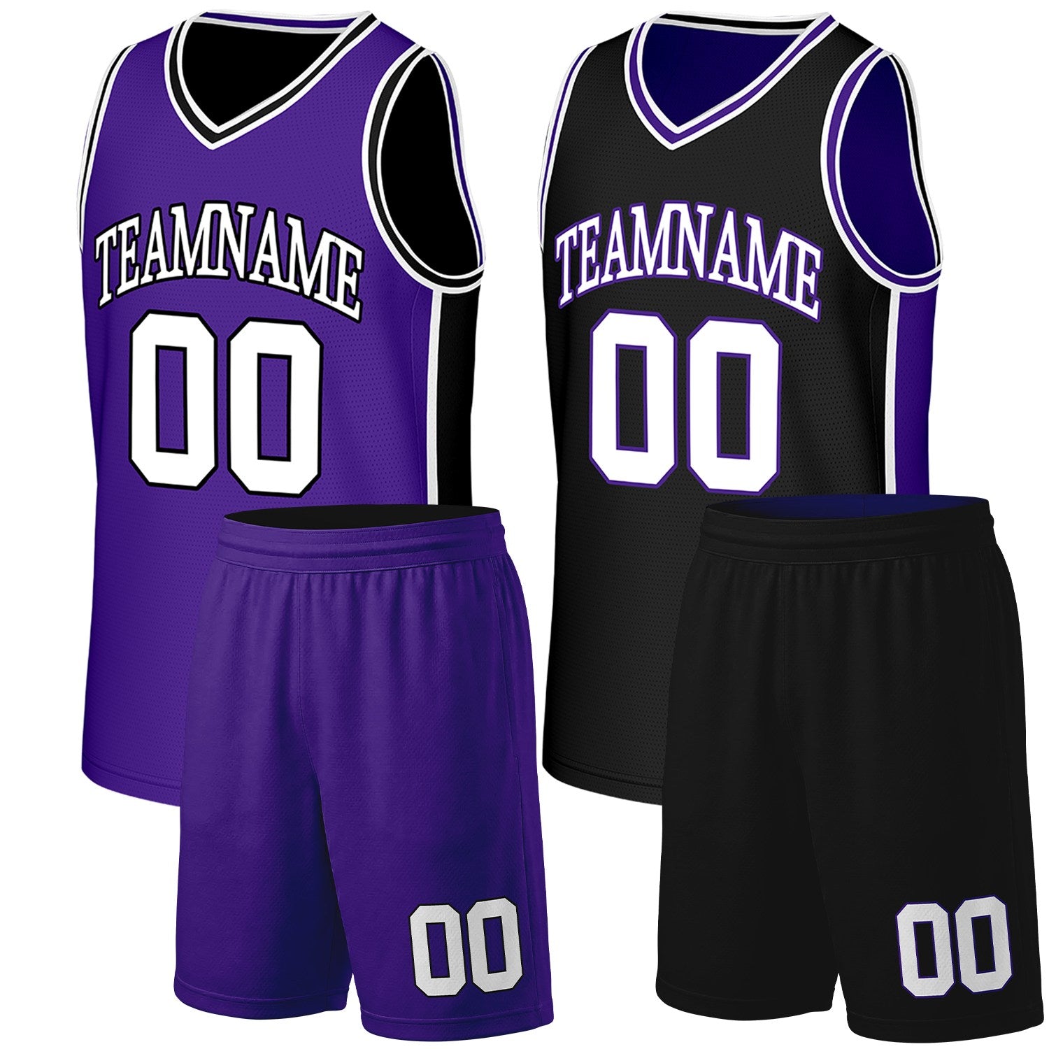 Custom basketball jersey set purple black reversible by Vosoli. Personalized team name, number & logo. Breathable mesh. Fast delivery.