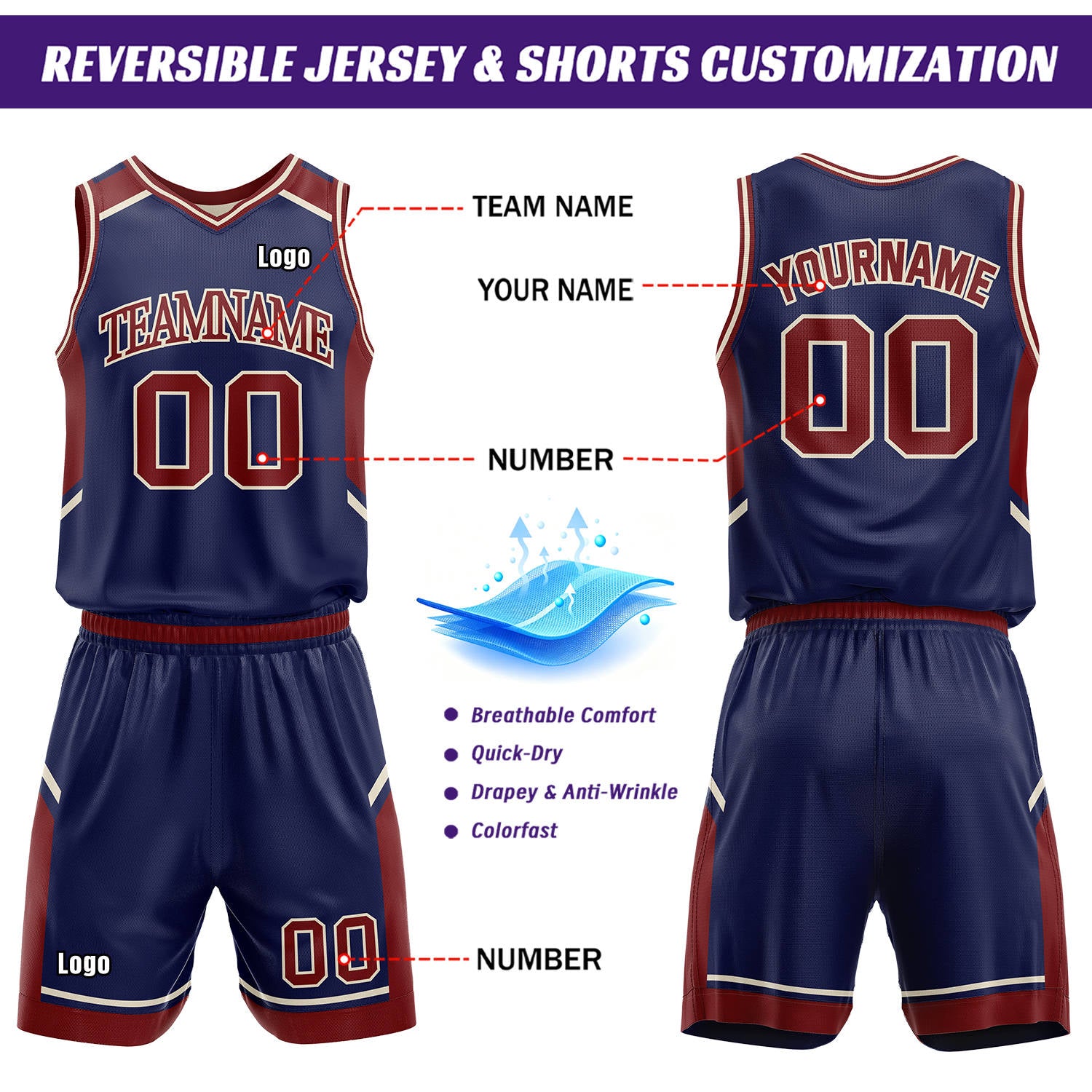 Custom Reversible Basketball Uniform Set | Cream & Navy V-Neck Sleeveless Jersey & Athletic Shorts