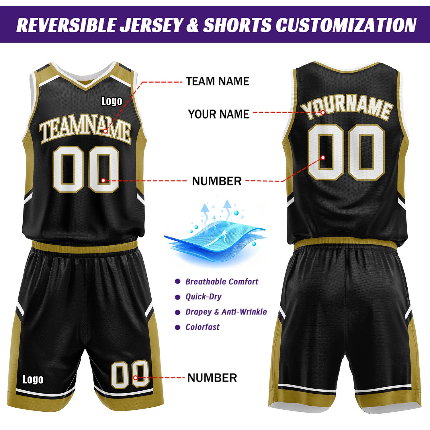 Custom Reversible Basketball Uniform Set | Gold & Black V-Neck Sleeveless Jersey & Athletic Shorts